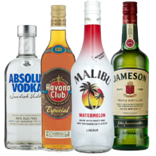 Malibu, Absolut vodka, Havana Club especial of Jameson Irish whiskey